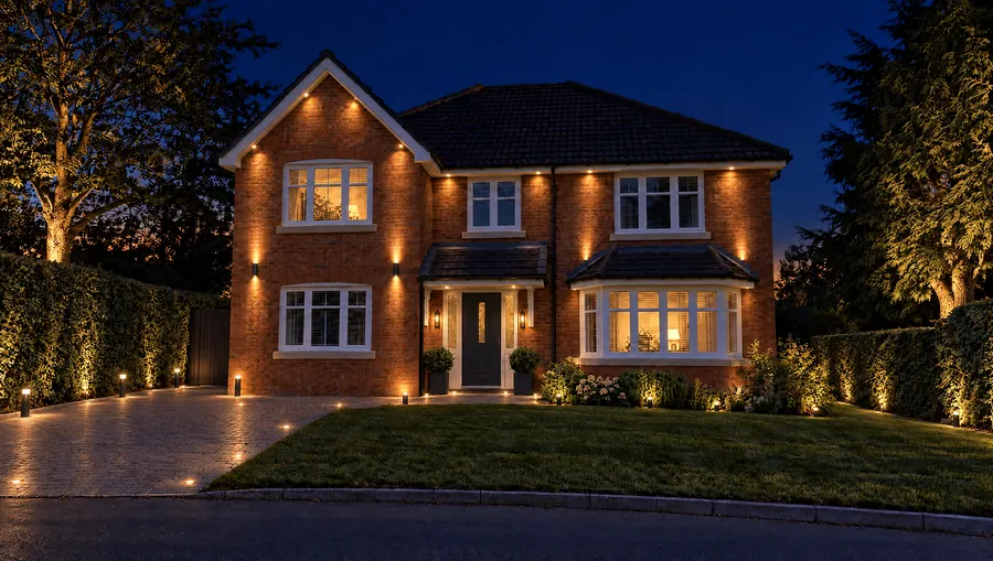 The house with warm uplights, path lights and garden lighting