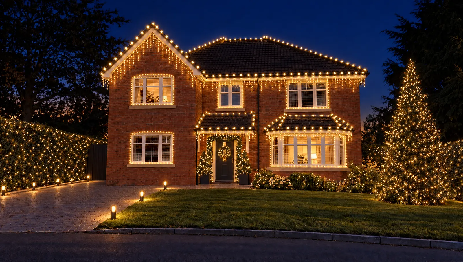 The full display: icicles, a lit tree, hedge nets and path lights