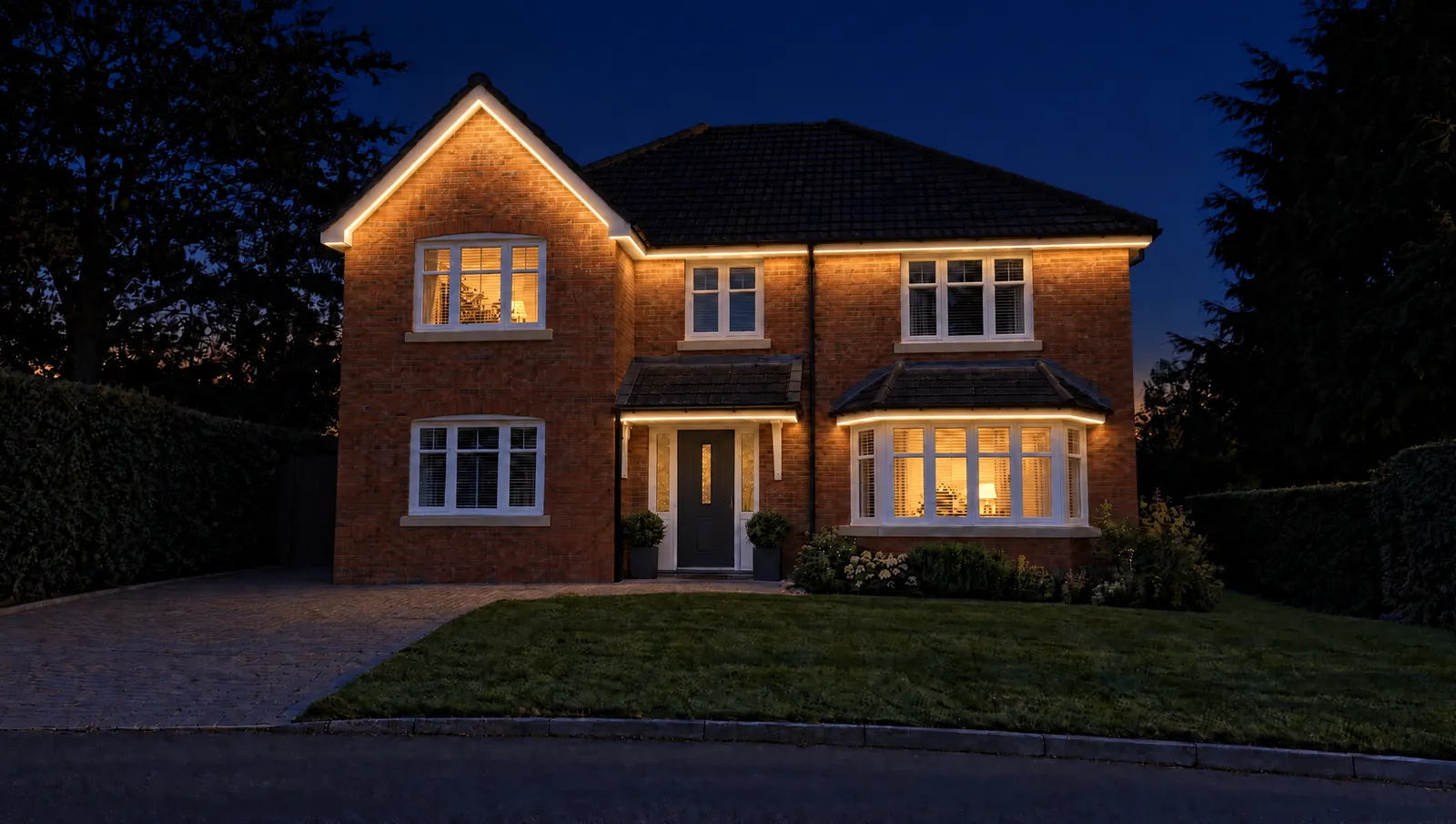 One continuous line of warm-white light along every roofline edge